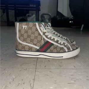 Gucci Beige High-Top Sneakers with Green and Red Stripes